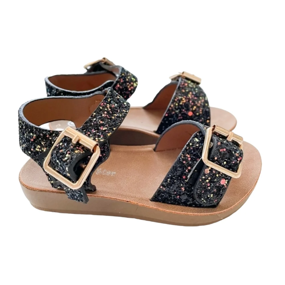 Little Star Toddler Girl Black Glittery Buckle Strap Open Toe Sandals, 4